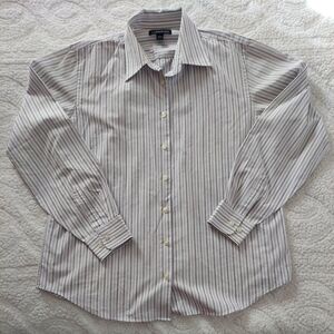 Lands' End Women's White and Purple Striped Button Down Shirt